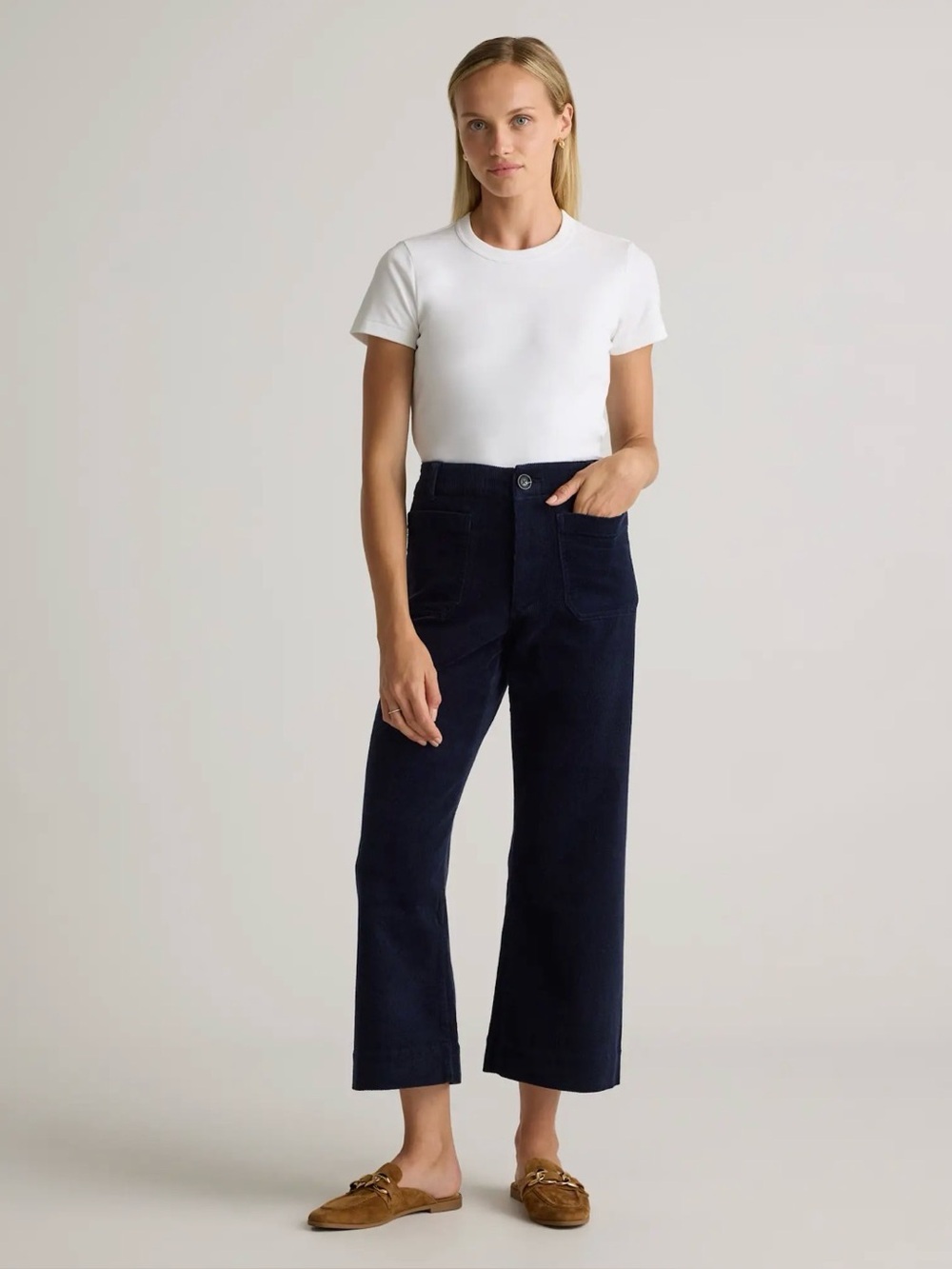 Quince Stretch Corduroy Cropped Wide Leg Pants Navy Size 6 Bohemian Festival